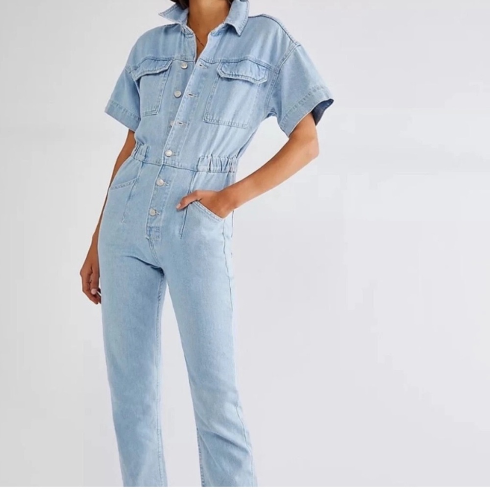 Light Blue Denim Button Down Pant Jumpsuit